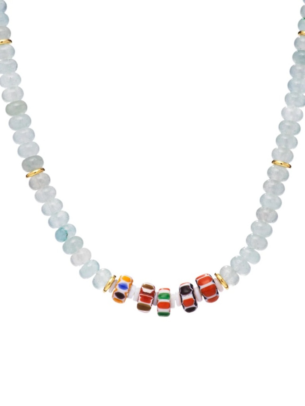 Aquamarine Bead Necklace with Multicolor Glass Accent Beads